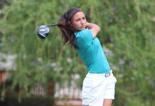 Ava Lozito hitting her finishing drive at Forsgate CC