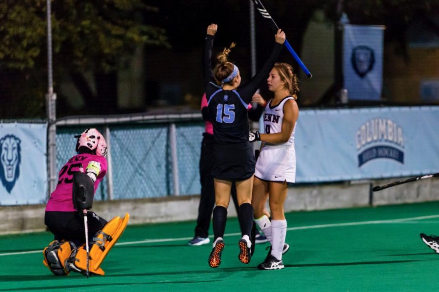 (Photo courtesy of Ellie Decker) Number 15 Ellie Decker, a West Essex Alumni, celebrates after she scores a goal against UPenn on Oct. 18.