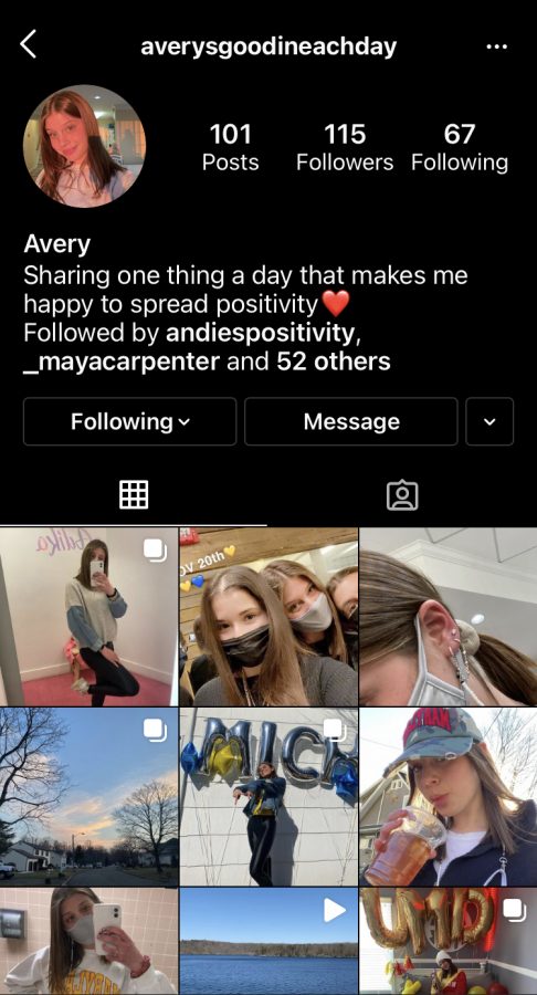 The instagram page @averysgoodineachday, where senior Avery Lieberman documents one positive thing that happens every day to spread positivity. 
