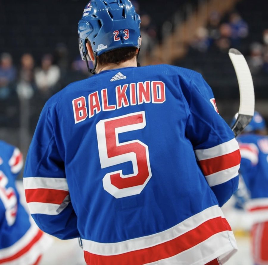 The+New+York+Rangers+honored+Teddy+Balkind+and+his+dedication+to+hockey+on+Jan.+19.+During+warmups+the+Rangers+wore+jerseys+with+his+name+and+number.+The+Boston+Bruins+did+something+similar+a+few+nights+ago+hanging+a+Bruins+jersey+behind+the+bench+that+also+had+Balkind+5+on+the+back.
