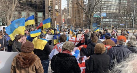 Ukrainians protest in front of the United Nations in New York City. 