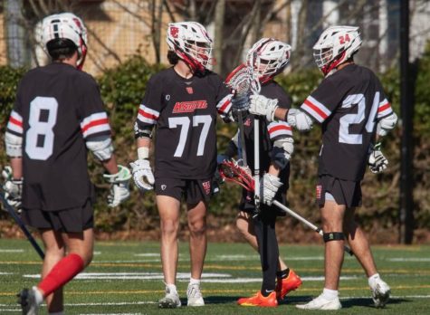 The West Essex Boys Lacrosse team celebrates a goal against the MKA Cougars on April 22. 