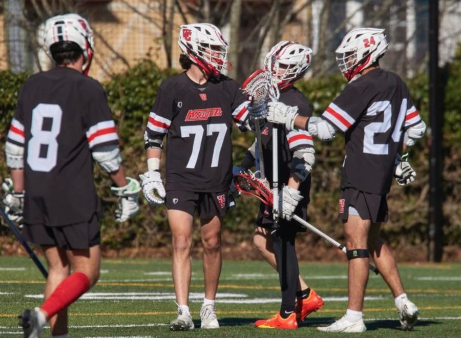 The+West+Essex+Boys+Lacrosse+team+celebrates+a+goal+against+the+MKA+Cougars+on+April+22.+