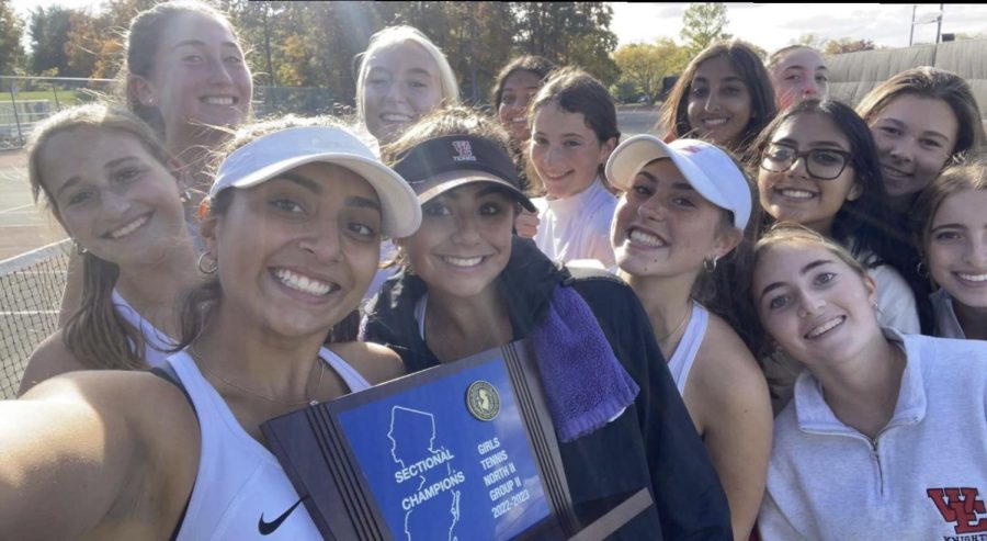 The+West+Essex+Varsity+Girls+Tennis+team+poses+for+a+selfie+on+Oct.+18+after+their+Group+II+sectional+final+win.