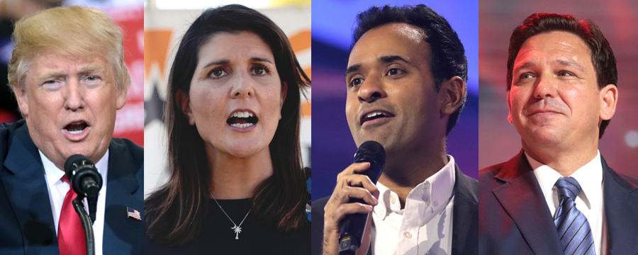 Donald Trump and Nikki Haley are still in contention, with Trump in the major lead, but Ron DeSantis and Vivek Ramaswamy have dropped out of the Republican primaries (clockwise from top left).