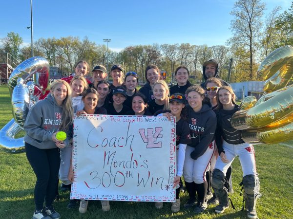 Coach Andrea Mondadori-Llauget celebrated her 300th win as West Essex softball head coach on April 25 as the Knights shut out Millburn, 9-0.