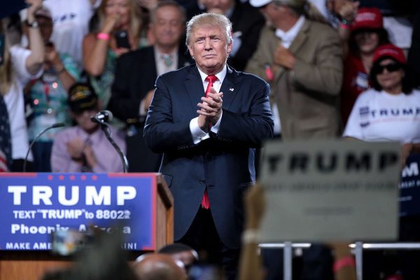 President Donald Trump speaks at an Arizona campaign rally in a 2016 file photo. A criminal trial began in April over whether the former president paid hush money to pornographic film actress Stormy Daniels.
