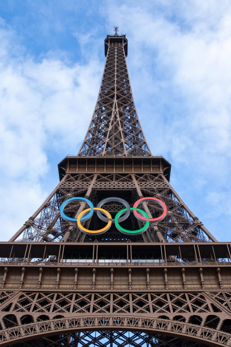 The Eiffel Tower in Paris, France, with Olympic Rings for the 2024 Summer Paris Olympics.