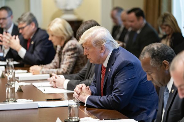 Trump appears in a meeting with his cabinet during his first term. 