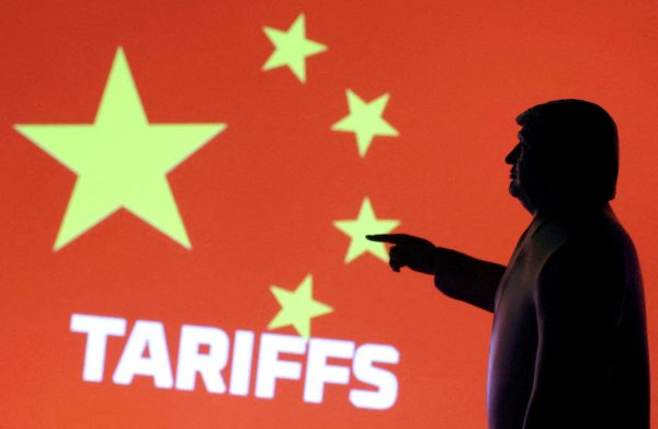 A 3D-printed miniature model depicting U.S. President Donald Trump, Chinese flag and word "Tariffs" in this illustration taken,  April 17, 2025. REUTERS/Dado Ruvic/Illustration