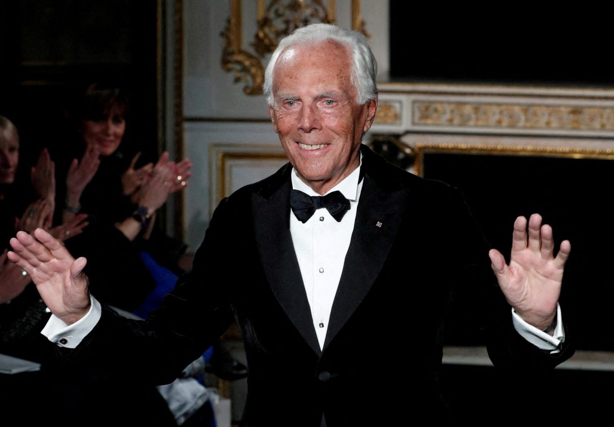 Italian designer Giorgio Armani appears at the end of his Haute Couture Spring-Summer 2019 collection show for fashion house Giorgio Armani Prive in Paris, France, January 22, 2019. REUTERS/Benoit Tessier