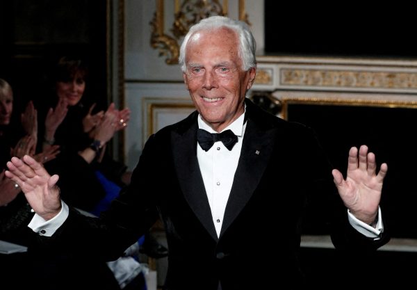 Italian designer Giorgio Armani appears at the end of his Haute Couture Spring-Summer 2019 collection show for fashion house Giorgio Armani Prive in Paris, France, January 22, 2019. REUTERS/Benoit Tessier