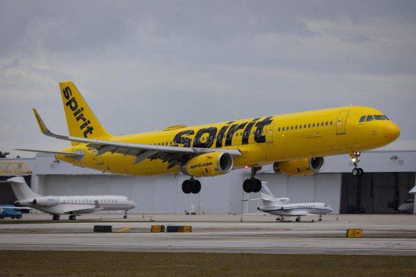 A Spirit Airlines flight arrives at Fort Lauderdale - Hollywood International Airport, in Fort Lauderdale, Florida, U.S., April 23, 2026. REUTERS/Marco Bello