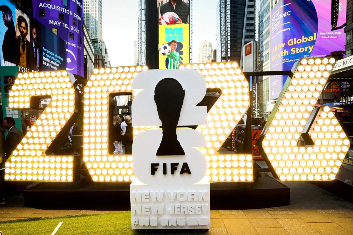 The New York/New Jersey's FIFA World Cup 2026 logo is revealed during the kickoff event in Times Square in New York City, U.S., May 18, 2023.  REUTERS/Brendan McDermid