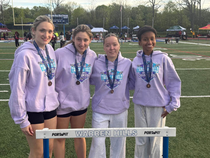 The 4x100-meter relay team (from left) Madison Spango, Brooklyn Spango, Caroline Campbell and Kayla Felix placed at Sectionals, and moved onto the Group 2 Championship along with other track athletes. 